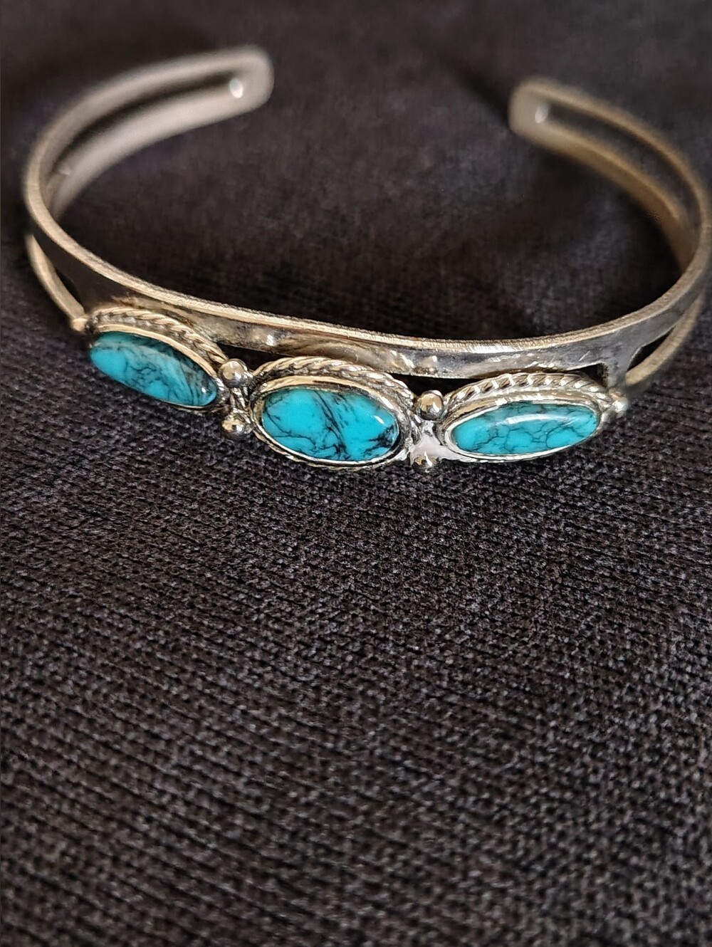 Vtg.  Silver Tone Faux Turquoise Cuff Bracelet